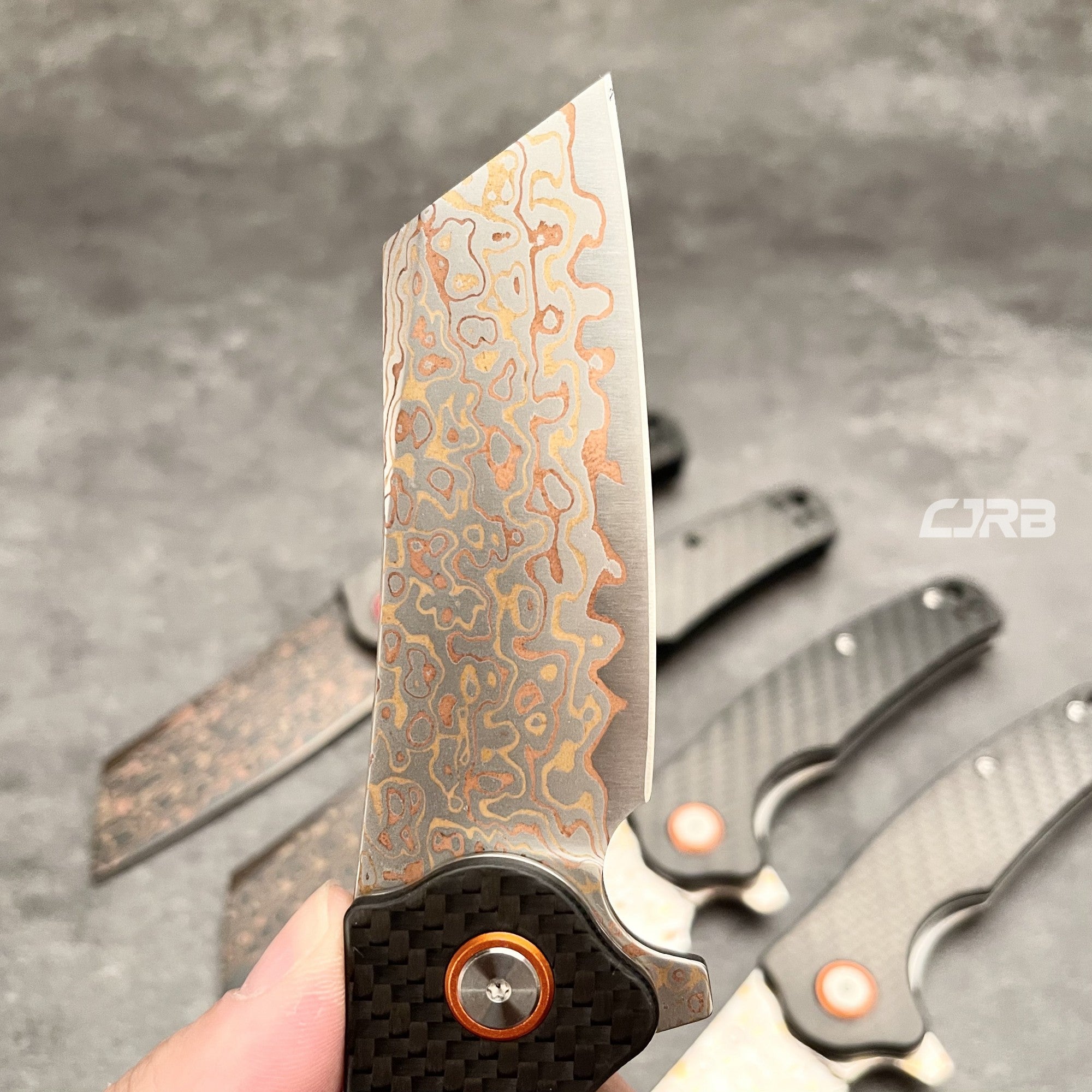 CJRB Crag J1904 Copper Damascus Steel Carbon Fiber Handle Folding Knives(Prototype)