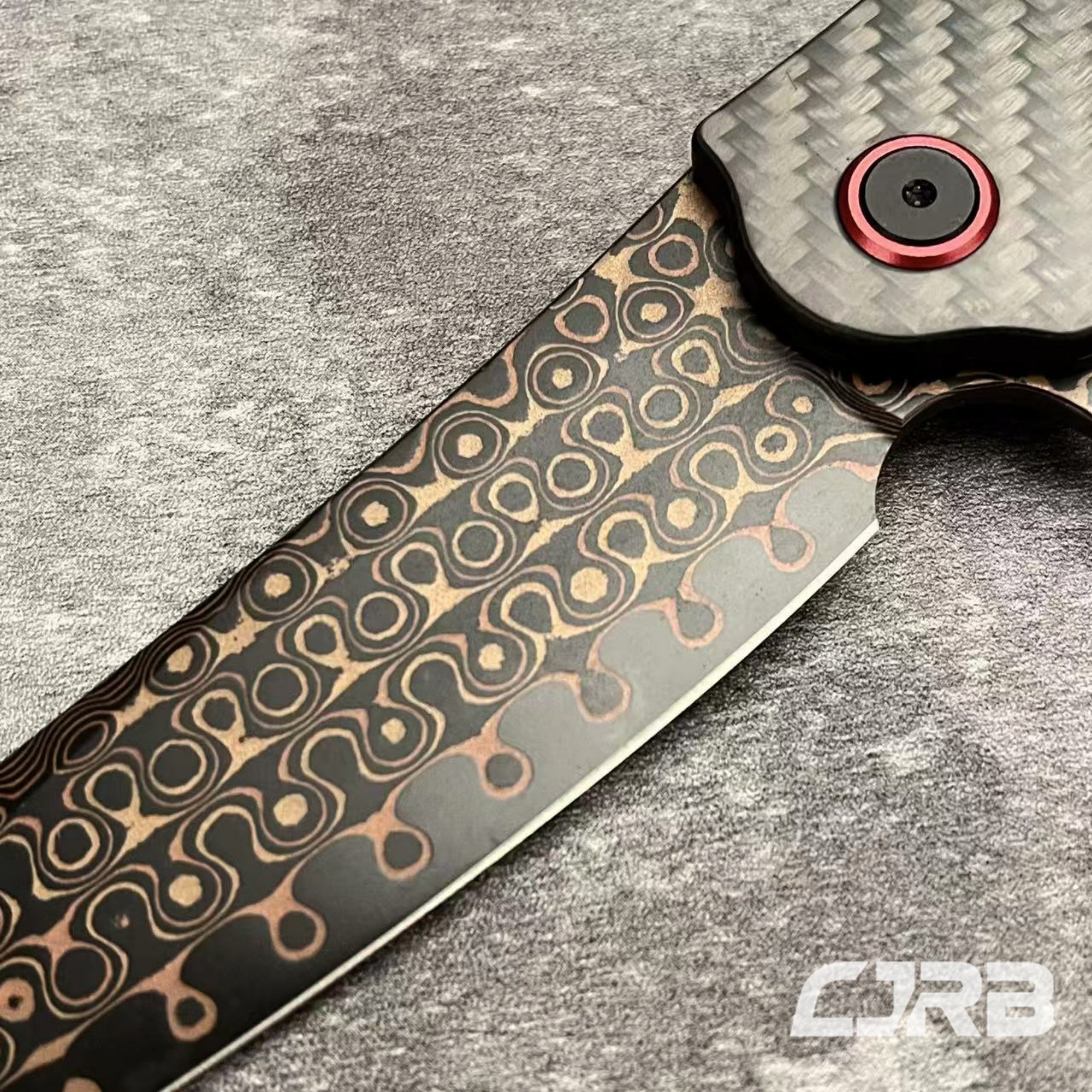 CJRB Crag J1904 Copper Damascus Steel Carbon Fiber Handle Folding Knives(Prototype)