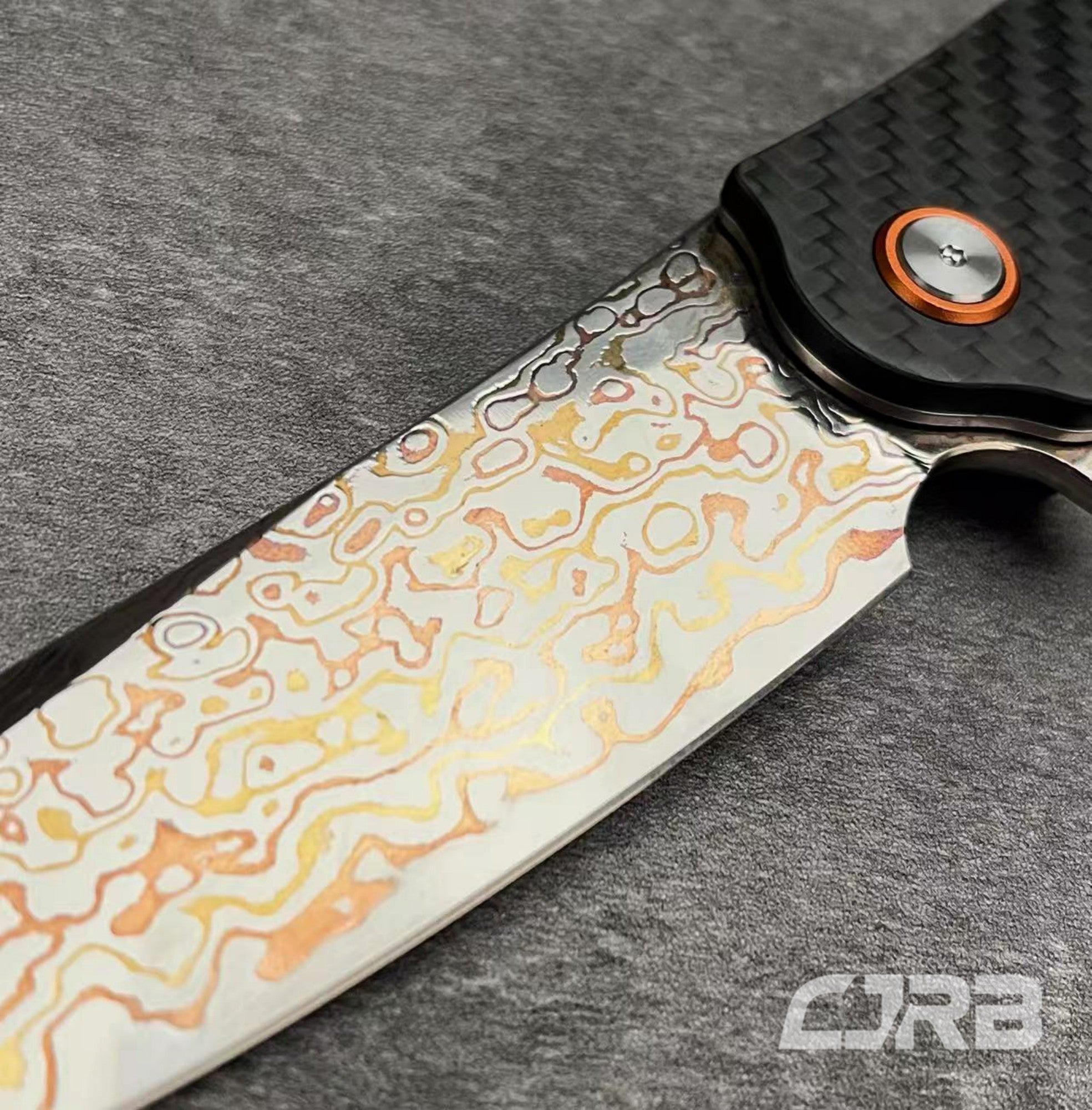 CJRB Crag J1904 Copper Damascus Steel Carbon Fiber Handle Folding Knives(Prototype)