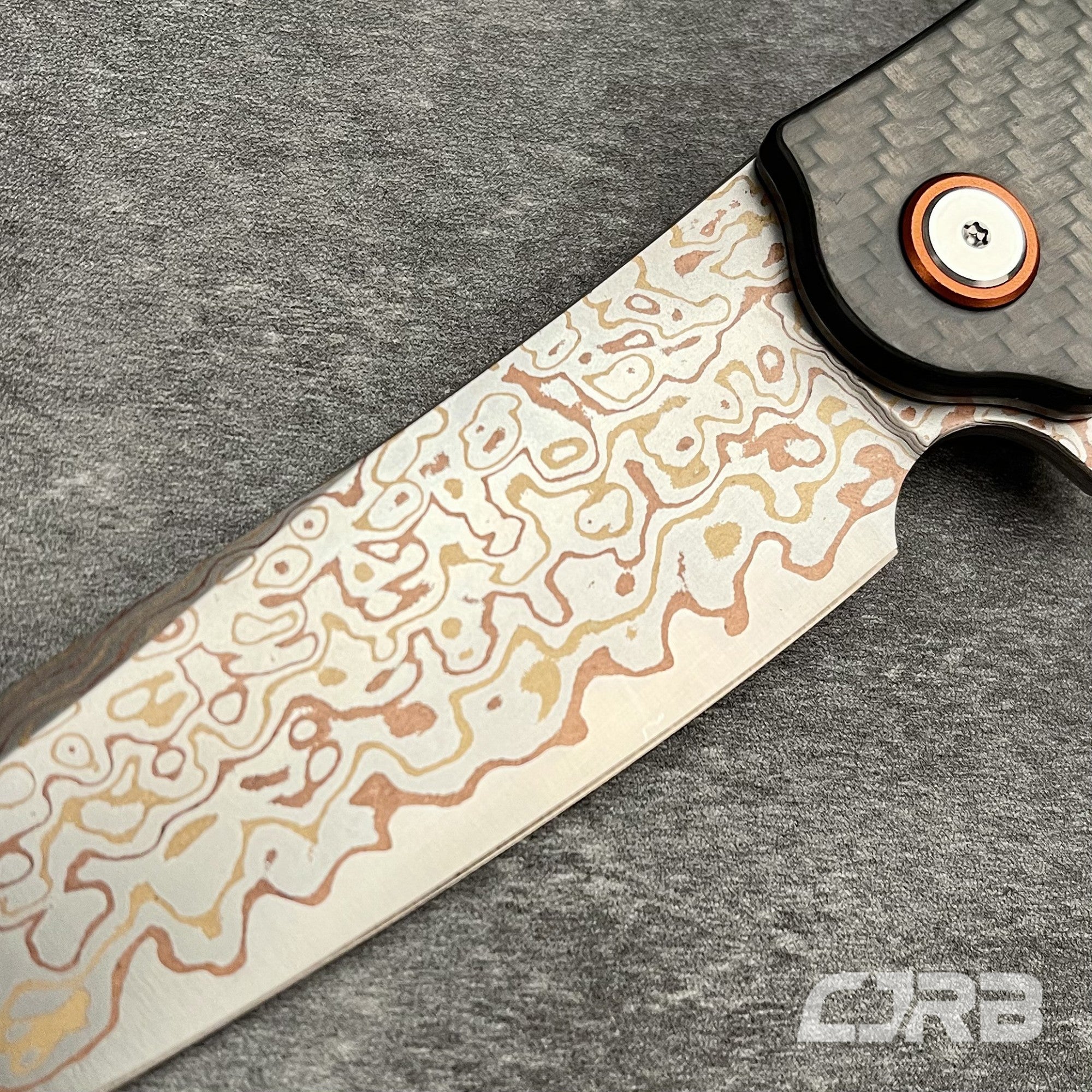 CJRB Crag J1904 Copper Damascus Steel Carbon Fiber Handle Folding Knives(Prototype)
