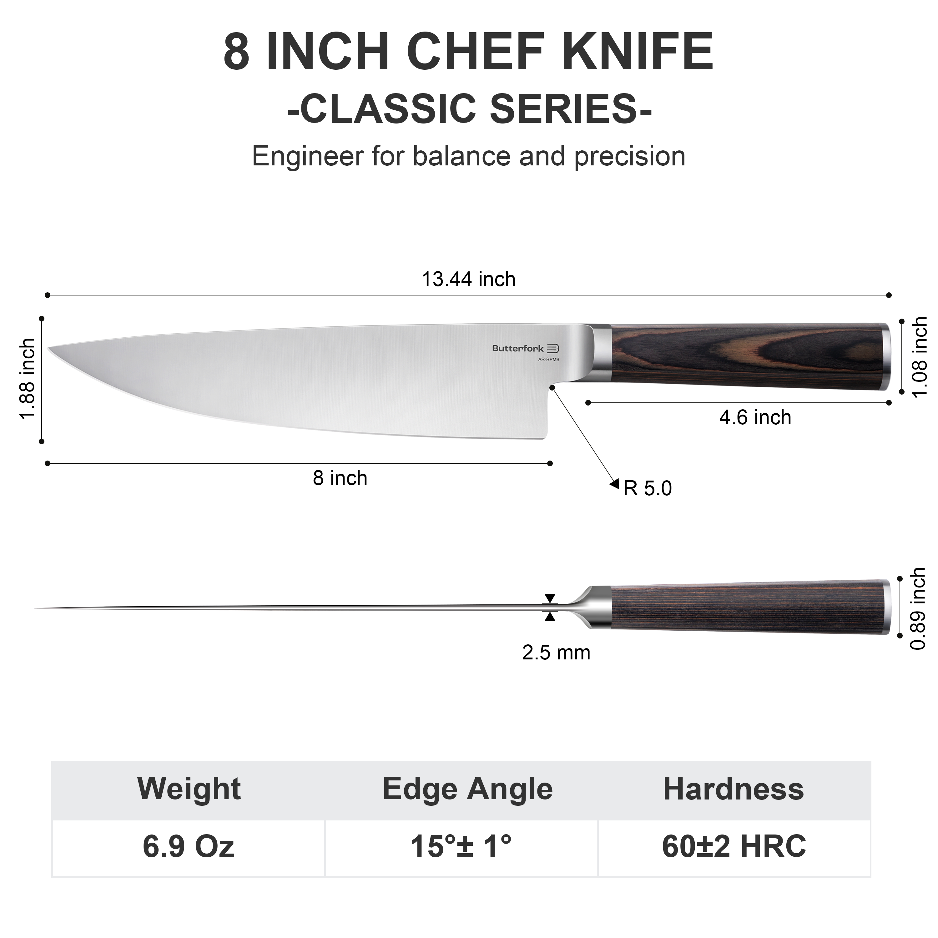 Butterfork Classic 8" Chef's Knife, AR-RPM9 Stainless Steel, Ergonomic Pakkawood handle, Ideal for All-Around Food Preparation