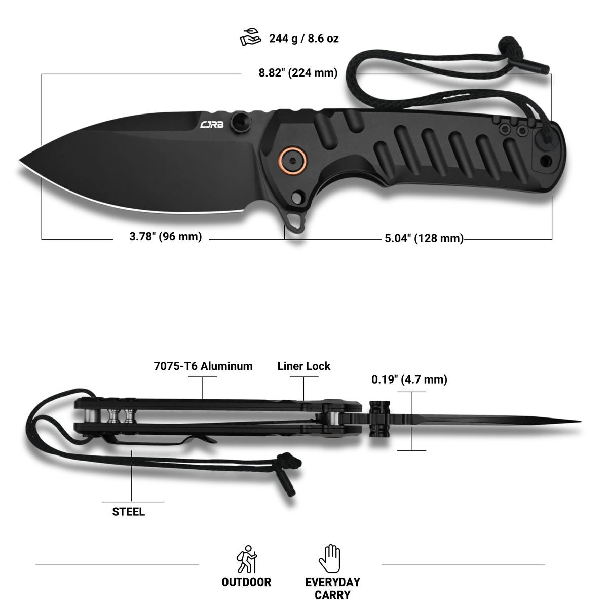 CJRB Tundra Flipper & Thumb Stud & Liner Lock Folding Knife Black 7075-T6 Aluminum Handle (3.78'' D2 Steel Black PVD Coating Blade) J1966-BAL (Exclusive)