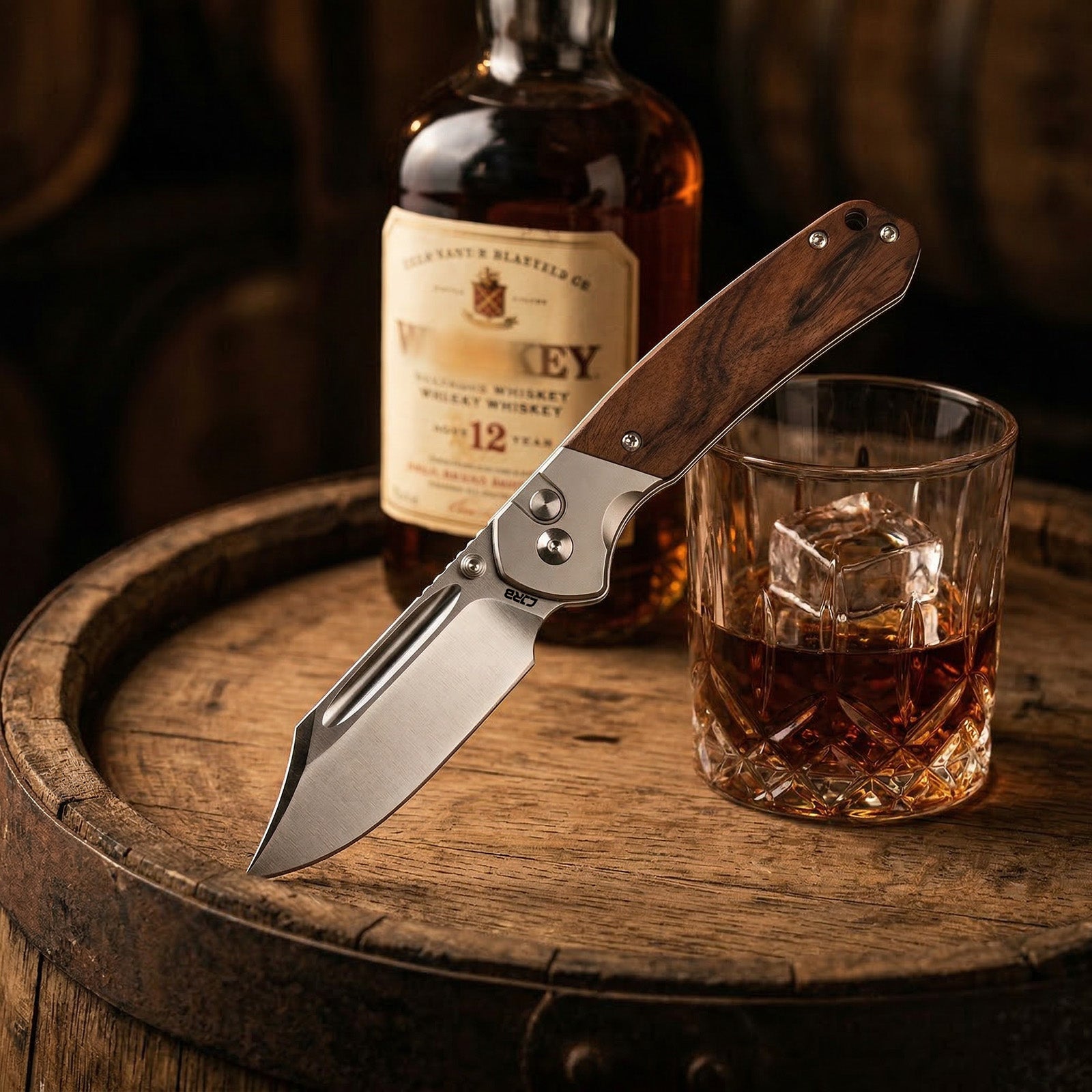 CJRB Bowie Pyrite J1942 AR-RPM9 Steel Blade Wood Handle Folding Knives - Rosewood (J1942-RW)