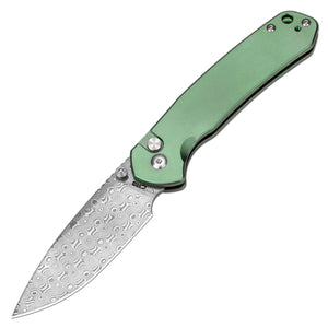 CJRB Pyrite J1925 Damascus Blade Titanium Handle Folding Knives - Green (J1925T-GN)