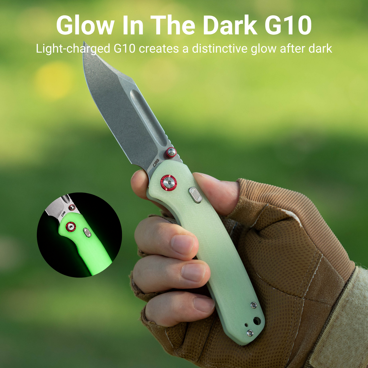 CJRB Bowie Pyrite Thumb Stud & Top Liner Lock Folding Knife G10(Glow In the Dark) Handle (3.35'' AR-RPM9 Steel Stone Wash Blade) J1942X-GD