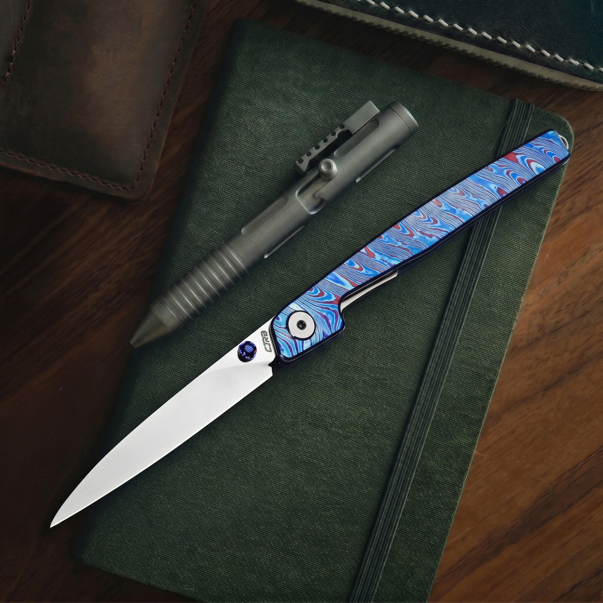 CJRB Lanky Thumb Stud & Front Flipper Liner Lock EDC Knife Titanium Damascus Handle Steel Clip(3.58'' CPM S90V Mirror Polish Blade) J1965G-TDB