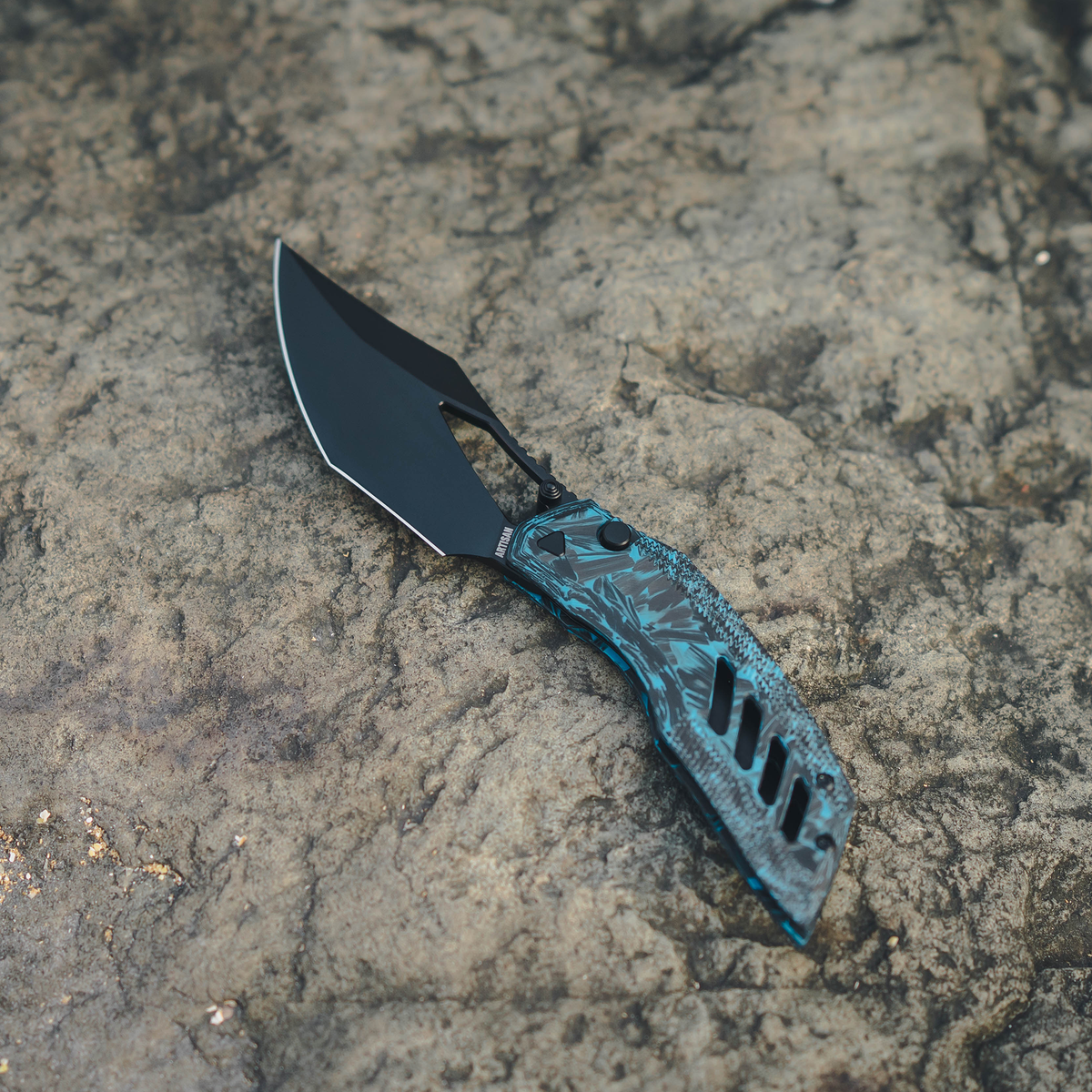 Artisan Cutlery Dark Wing Thumb Hole & Front Flipper Top Liner Lock EDC Knife Carbon Fiber(Glow in the dark) Handle(3.63'' CPM S90V Black PVD Coating Blade ) 1887G-GDBU