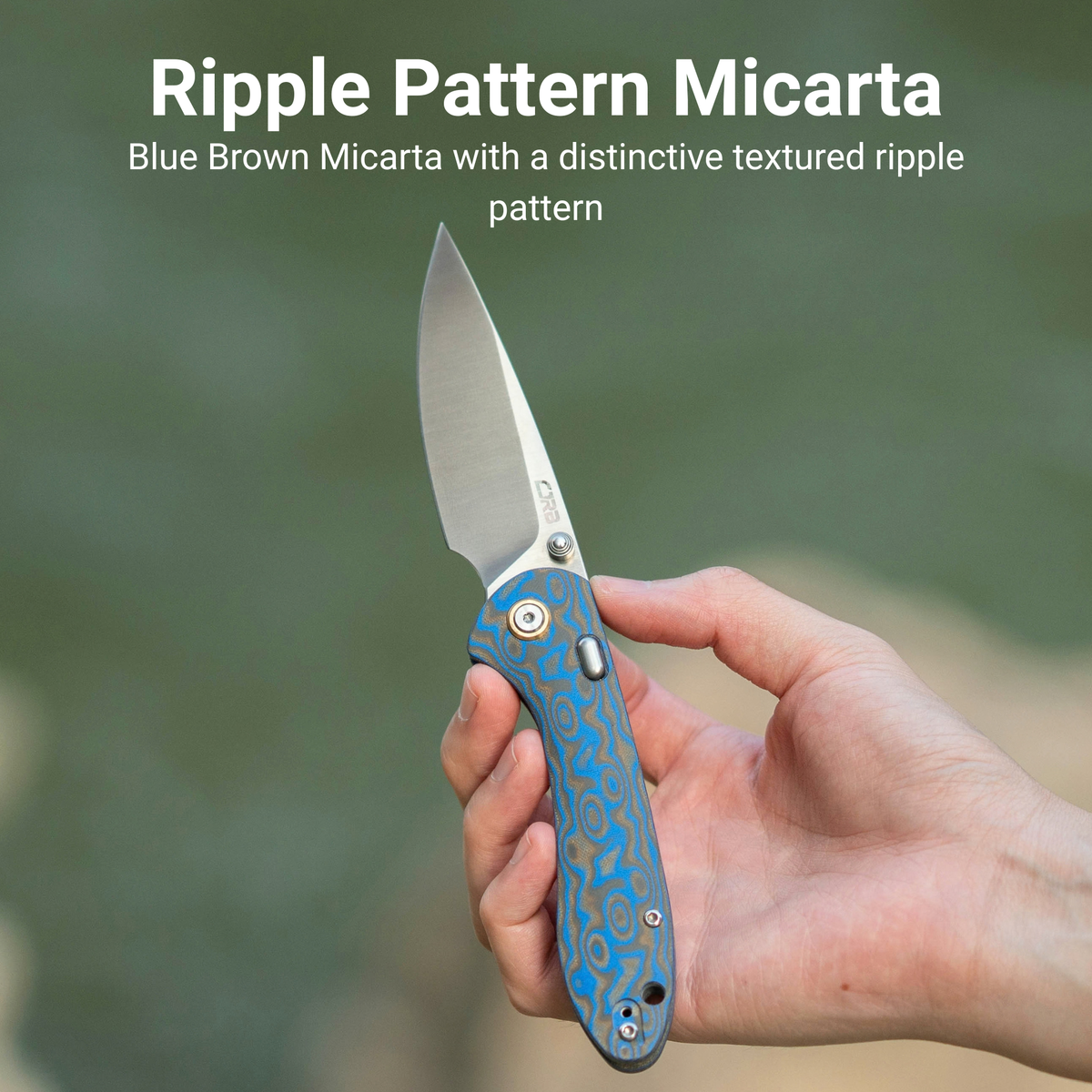 CJRB Feldspar Thumb Stud & Top Liner Lock Folding Knife Blue Brown Micarta with Ripple Pattern Handle (3.53'' Sand Polish AR-RPM9 Steel Blade) J1912X-MBU (Exclusive)