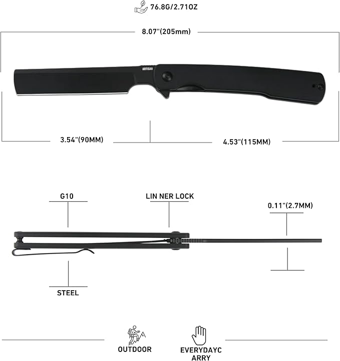 ArtisanCutlery Orthodox V2 Flipper & Liner Lock Knife Black G10 Handle (3.54'' Black PVD Coating AR-RPM9 Blade) 1883P-BBK