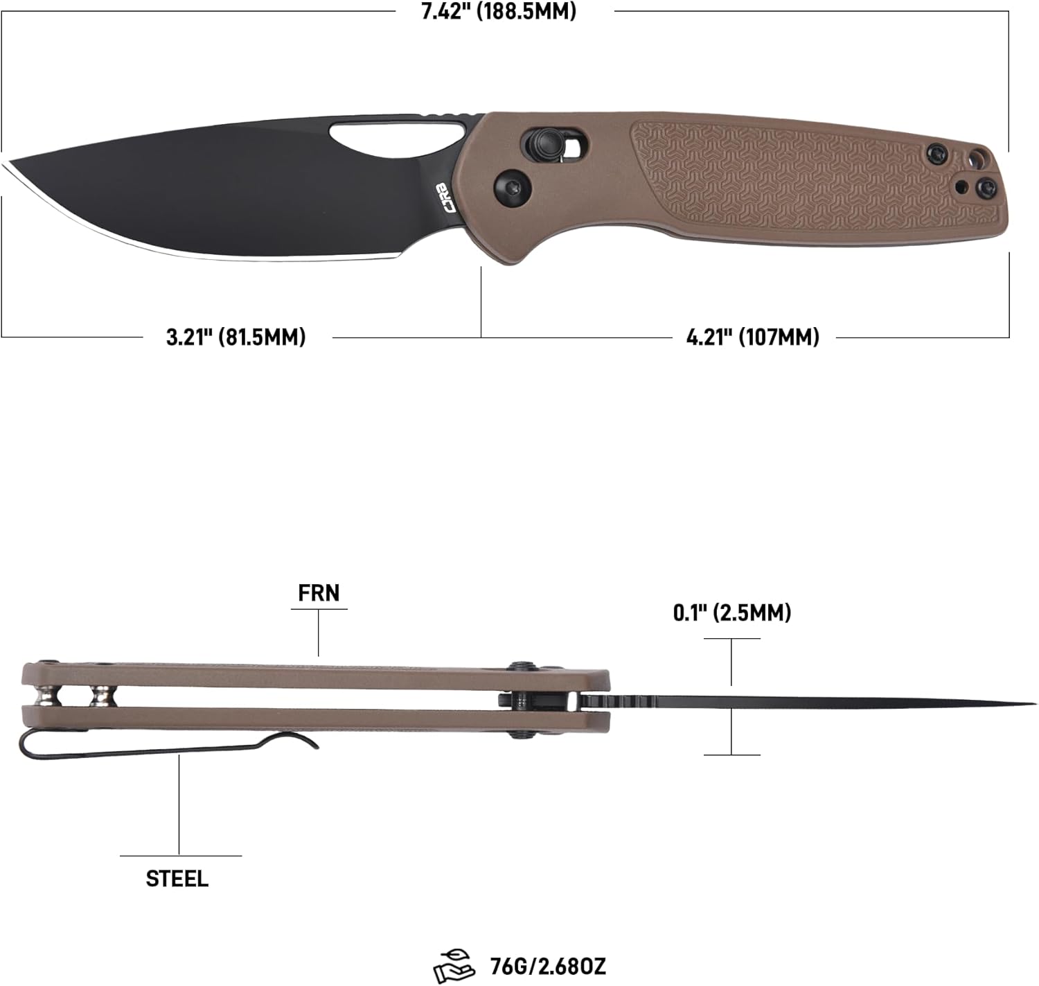 CJRB Acacia J1952 AR-RPM9 Blade Steel FRN Handle Folding Knives - Black PVD Blade/Brown FRN Handle (J1952-BBN)