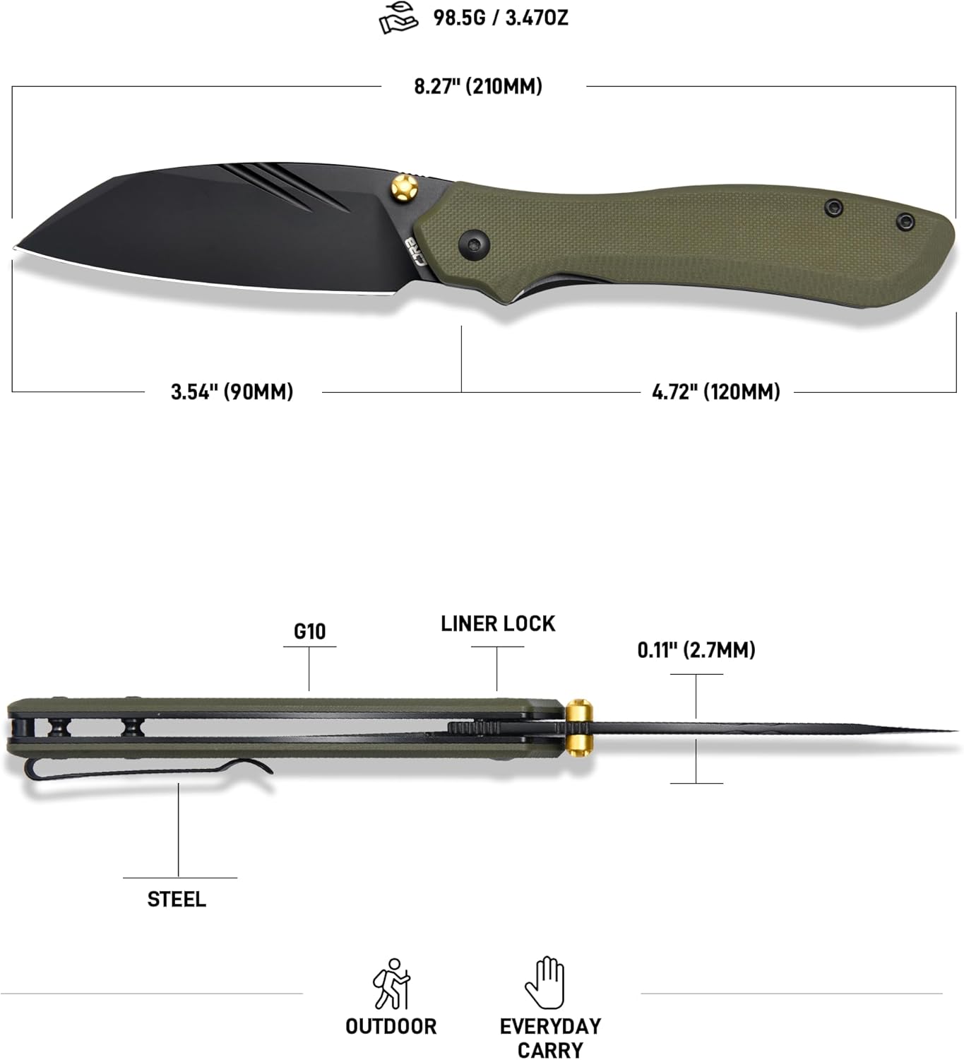 CJRB Fugly J1957 AR-RPM9 Steel Blade G10 Handle Folding Knives - Black PVD/Green G10 (J1957-BGN)