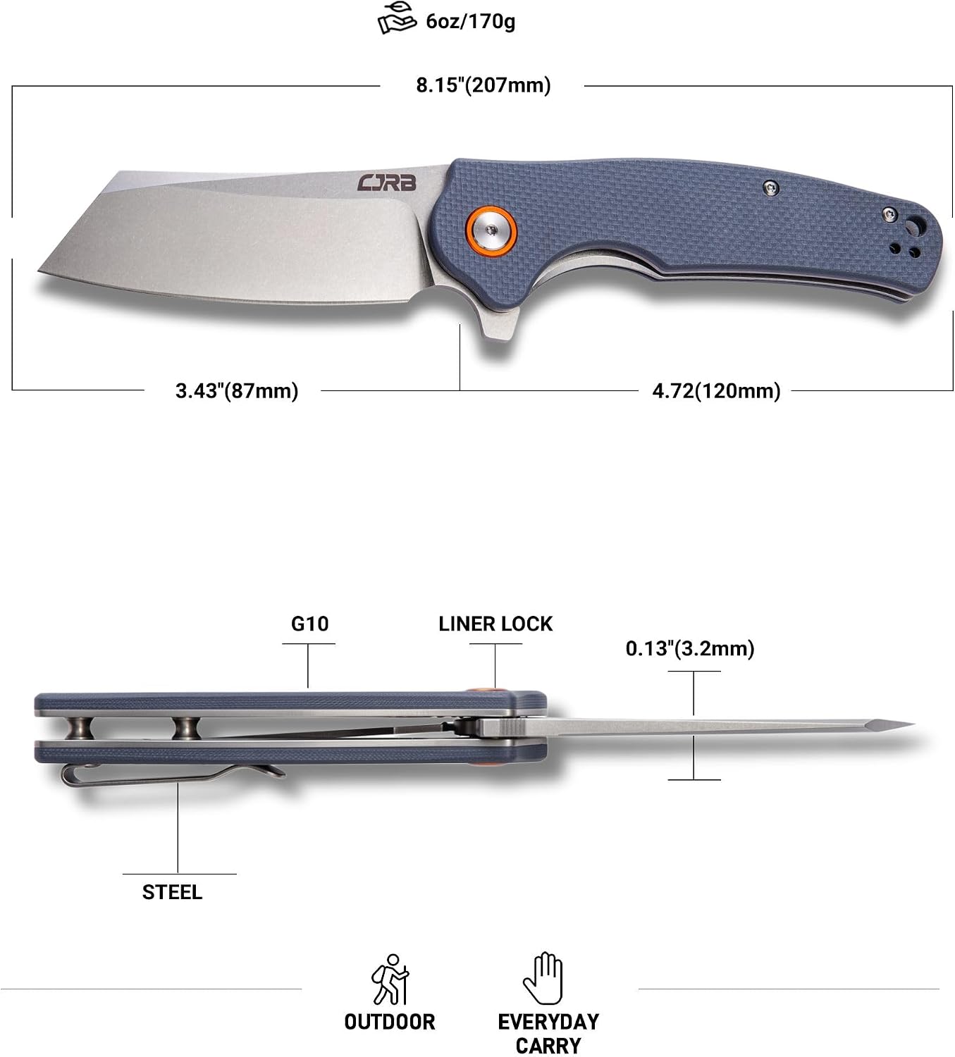 CJRB Crag Flipper & Thumb Stud & Liner Lock Folding Knife Gray G10 Handle (3.43'' Stone Wash AR-RPM9 Steel Blade) J1904-GYF