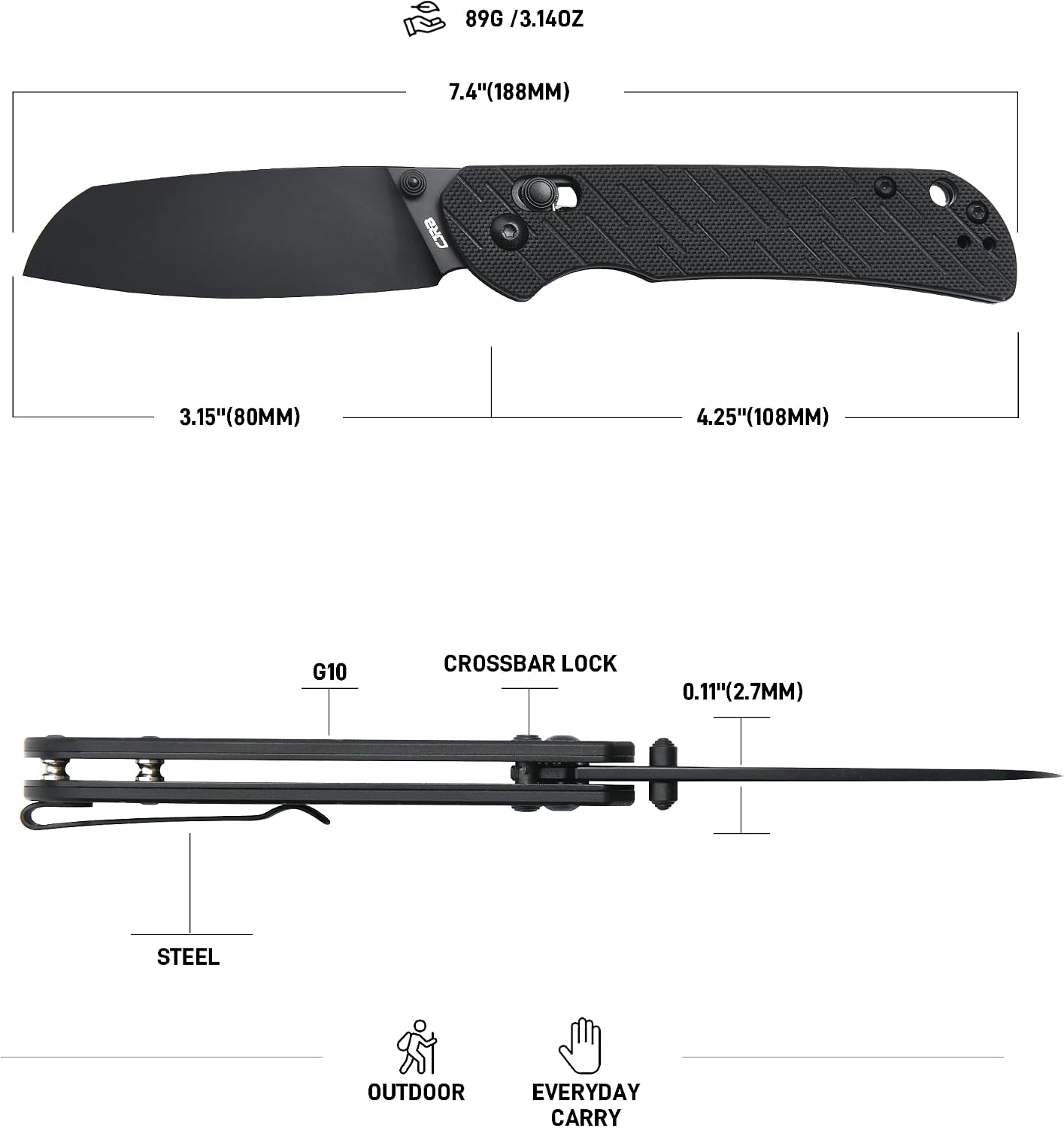 CJRB Lyrid Front Flipper & Crossbar Lock Folding Knife Black G10 Handle (3.15'' AR-RPM9 Steel Black PVD Coating Blade) J1953-BBK