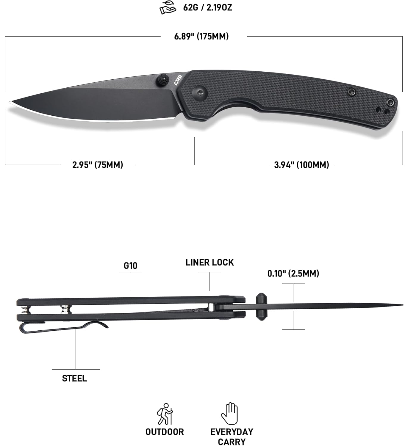 CJRB Kain J1956 AR-RPM9 Steel Blade G10 Handle Folding Knives - Black PVD/Black G10 (J1956-BBK)