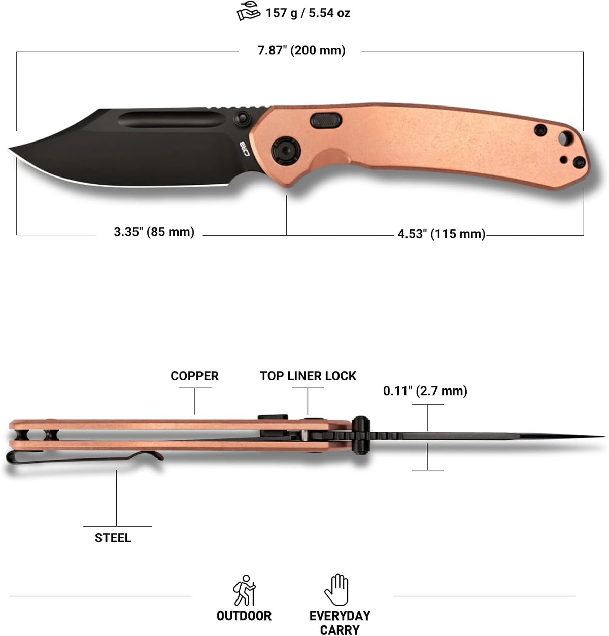 CJRB Bowie Pyrite Thumb Stud & Top Liner Lock Folding Knife Copper Handle (3.35'' 14C28N Steel Black PVD Coating Blade) J1942X-BCO