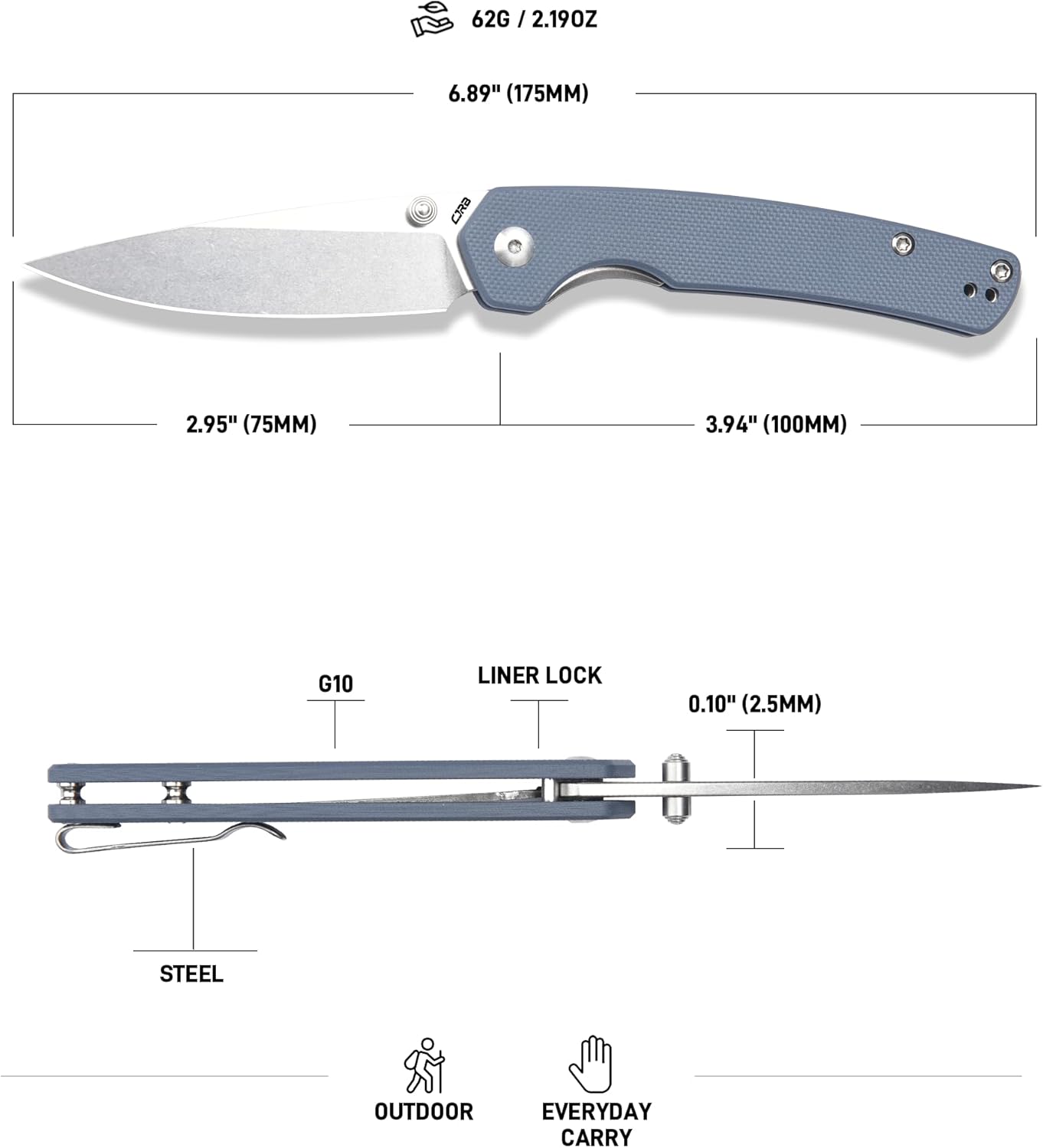 CJRB Kain J1956 AR-RPM9 Steel Blade G10 Handle Folding Knives - Stone Wash/Gray G10 (J1956-GY)