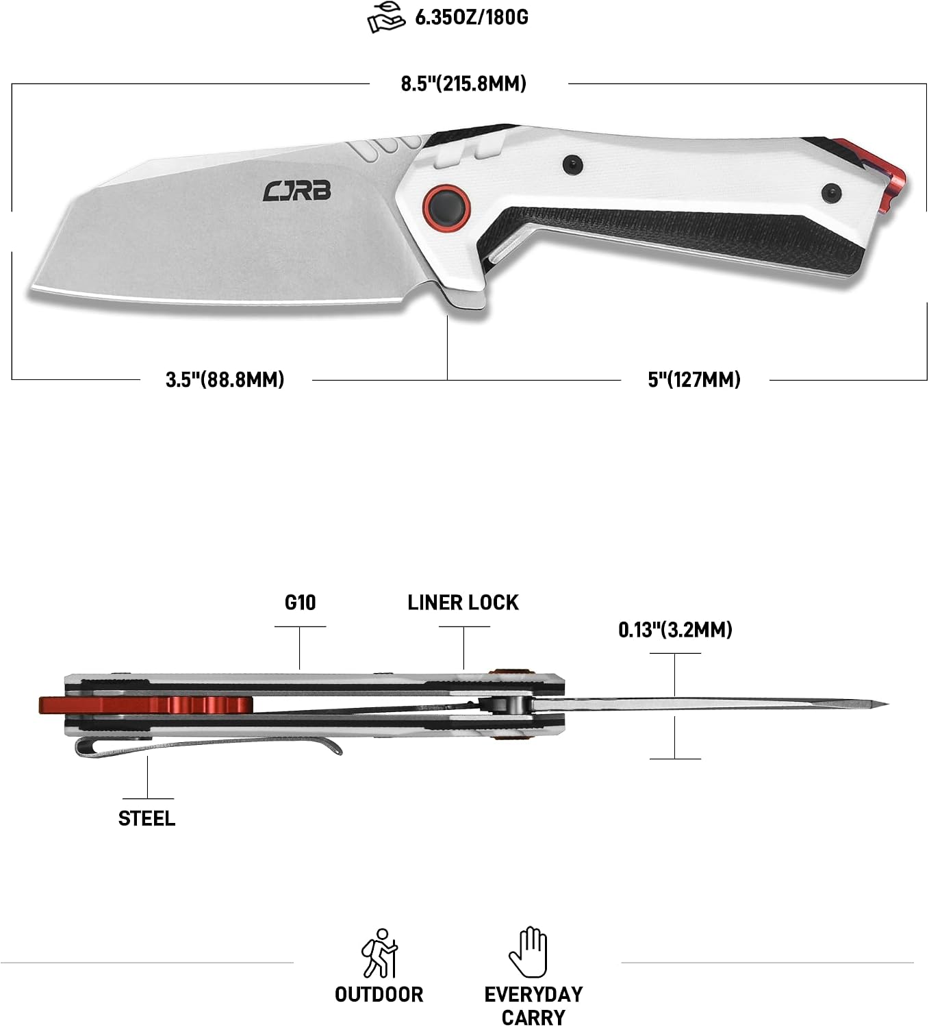 CJRB Tigris Flipper & Button Lock Folding Knife White G10 Handle (3.35'' Stone Wash AR-RPM9 Steel Blade) J1919-WH