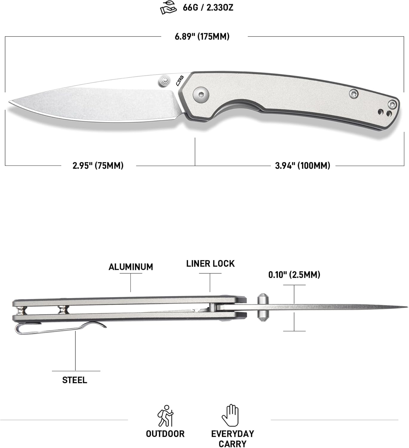 CJRB Kain J1956 AR-RPM9 Steel Blade Aluminum Handle Folding Knives - Stone Wash/Gray Aluminum (J1956-GYA)