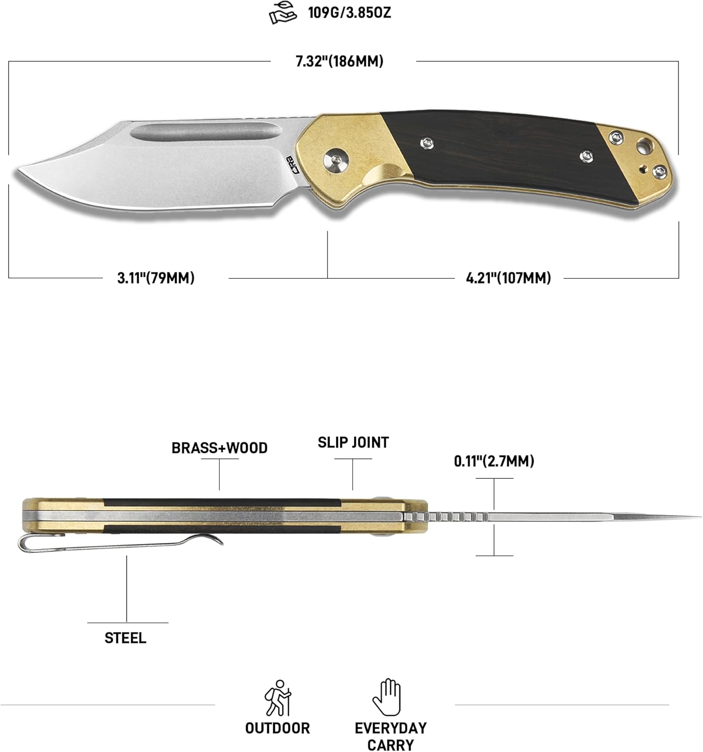 CJRB Bowie Pyrite J1942SJ AR-RPM9 Blade Brass and Wood Handle Folding Knife