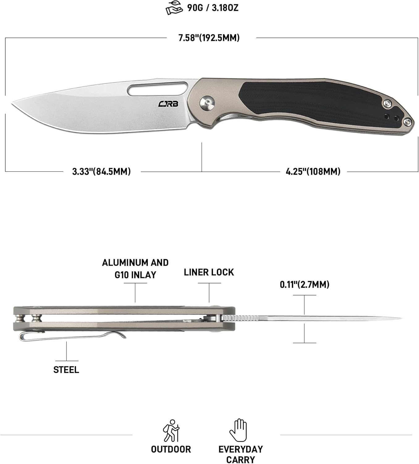 CJRB Droma J1963 AR-RPM9 Steel Blade Aluminum and G10 inlay Handle Folding Knives - Champagne (J1963-BK)