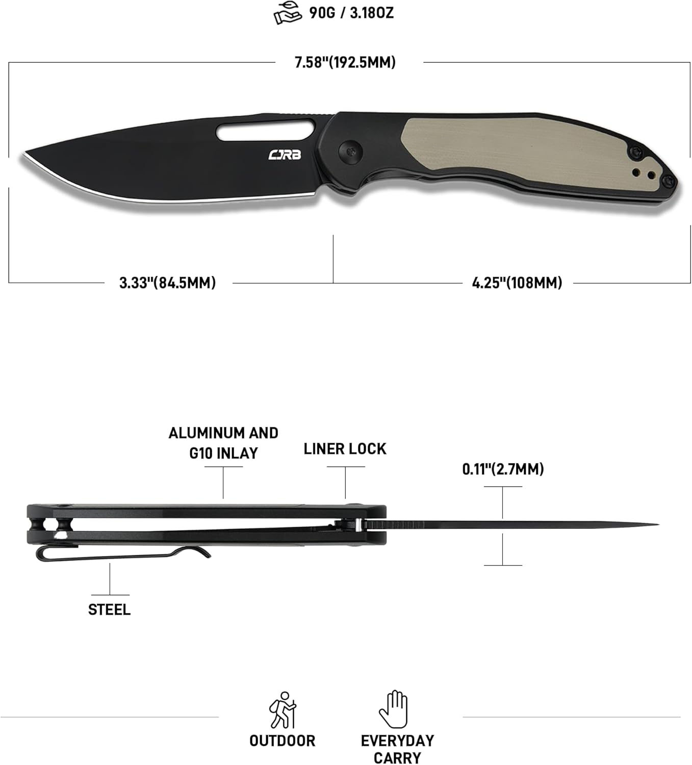 CJRB Droma J1963 AR-RPM9 Steel Blade Aluminum and G10 inlay Handle Folding Knives - Black (J1963-BDE)