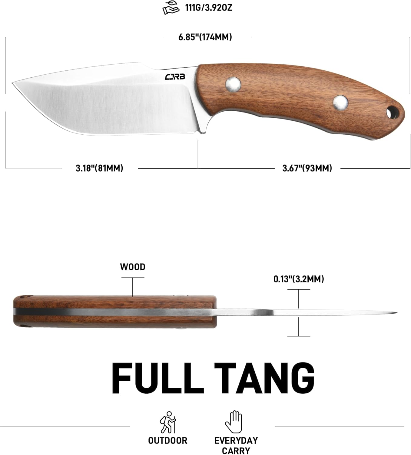 CJRB Mutt J1958 AR-RPM9 Steel Blade Fixed Blade Knives - Wood (J1958-WD)