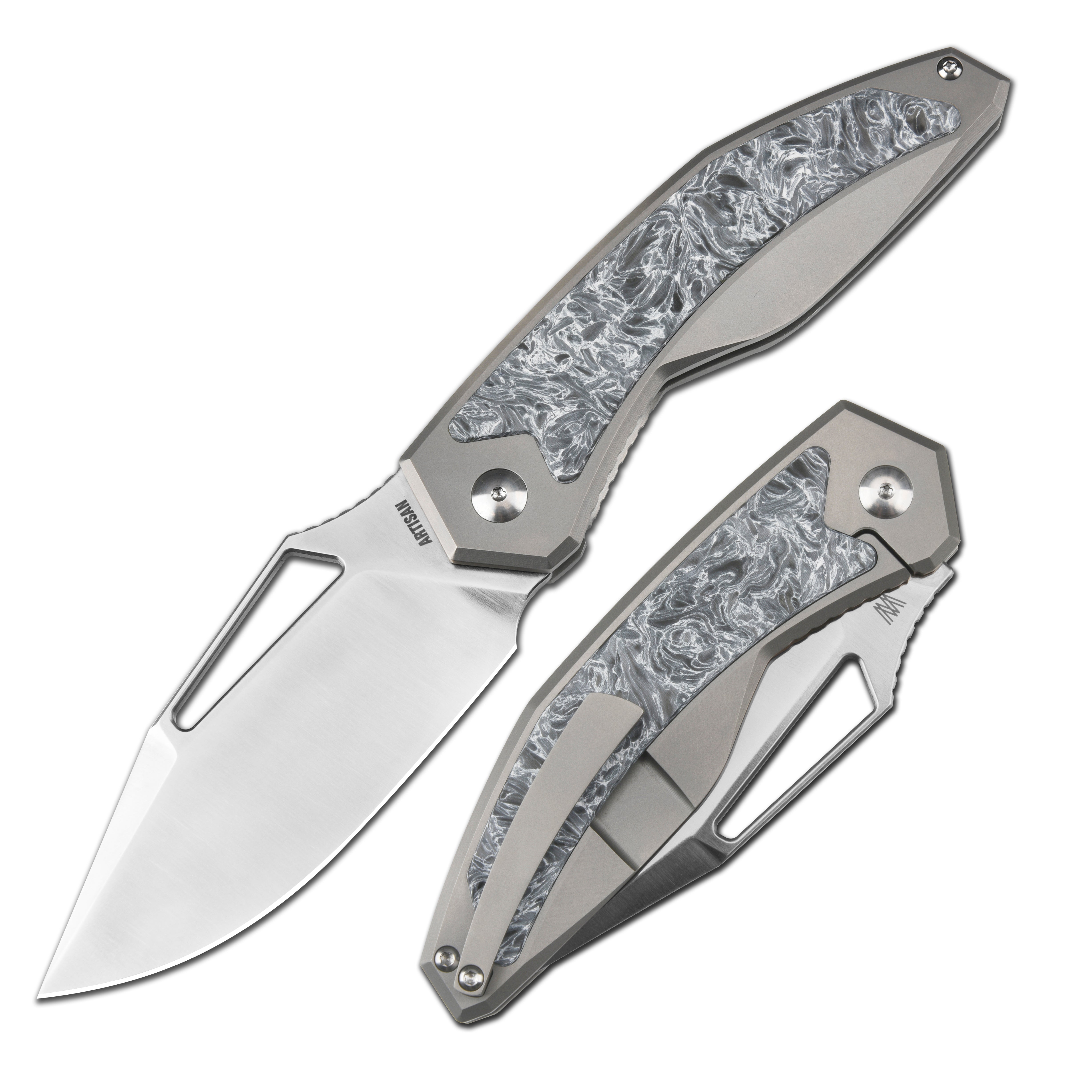 Artisan Cutlery Fragarach ATZ-1879G S90V Blade Titanium Handle Folding Knives - Sand Polish Blade/Dark Matter Polar Fat Carbon Inlay (1879G-DM)