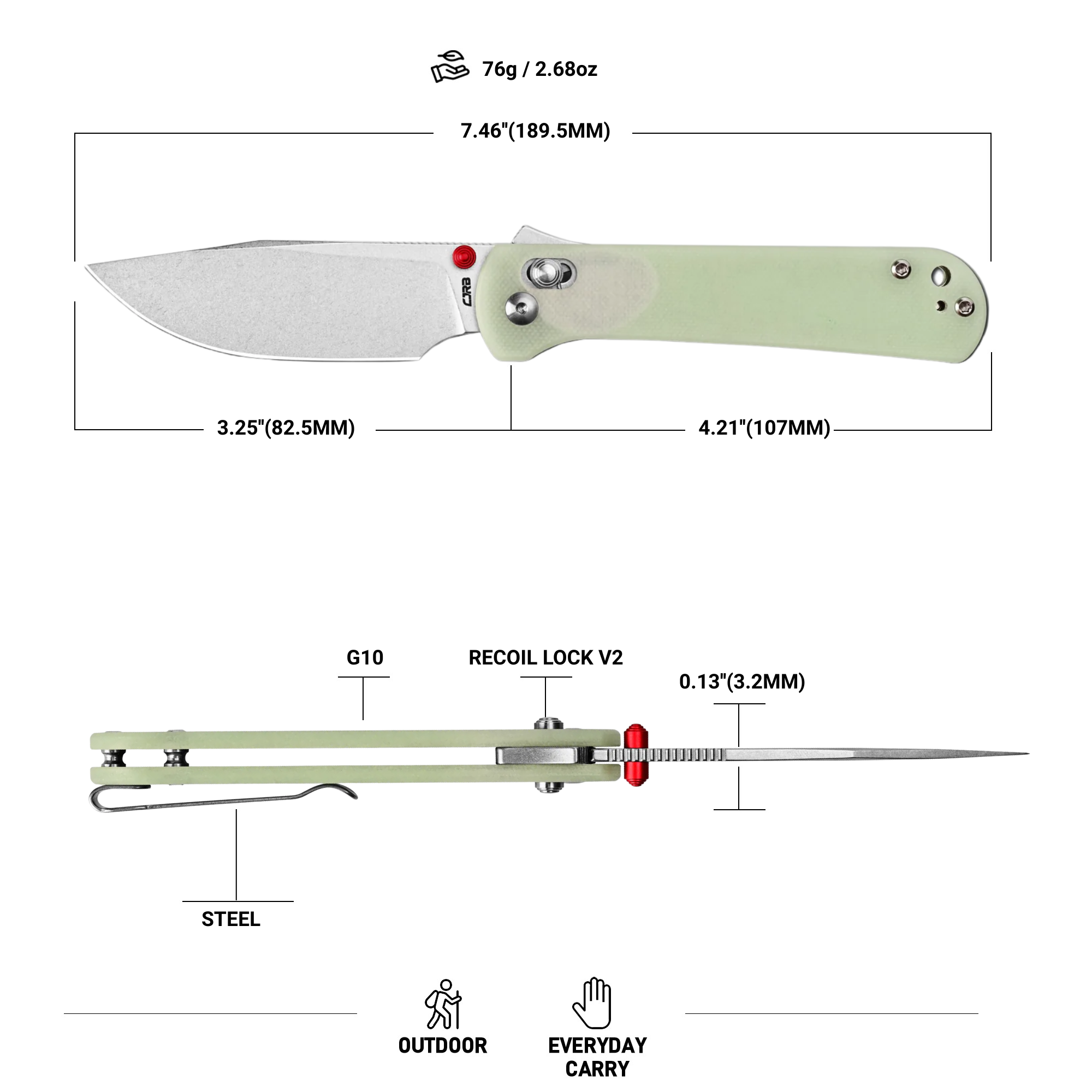 CJRB Bolt Recoil Lock V2 & Thumb Stud G10(Glow In the Dark) Handle (3.25'' Stone Wash AR-RPM9 Blade) J1960-GD