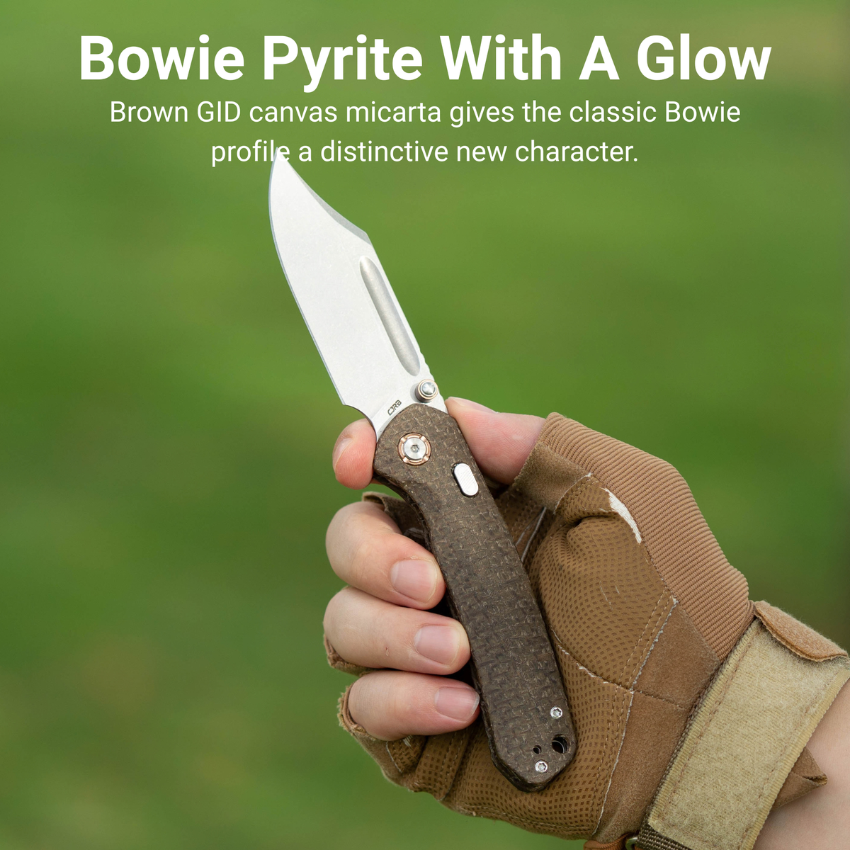 CJRB Bowie Pyrite Thumb Stud & Top Liner Lock Folding Knife Brown Glow in the Dark Micarta Handle (3.35'' Stone Wash 14C28N Steel Blade) J1942X-GDBN (Exclusive)