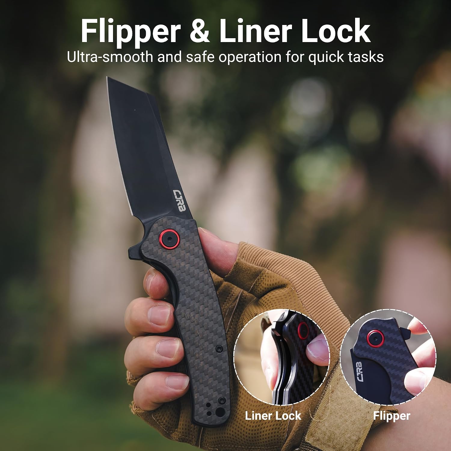 CJRB Crag Flipper & Liner Lock Folding Knife Carbon Fiber Handle (3.43'' AR-RPM9 Steel Black PVD Coating Blade) J1904-CF