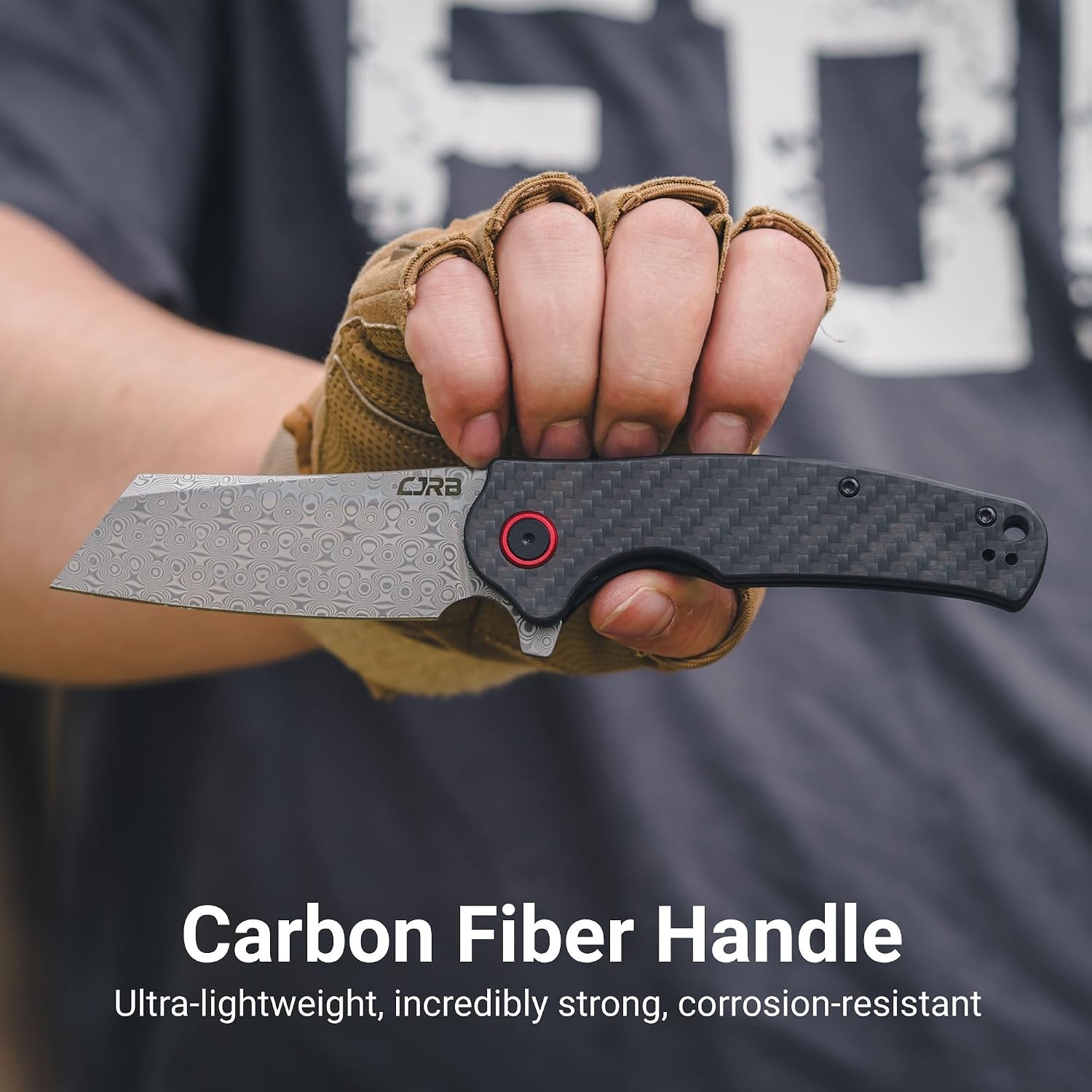 CJRB Crag Flipper & Liner Lock Folding Knife Carbon Fiber Handle (3.43'' Rose Damascus Steel Blade) J1904D-CF