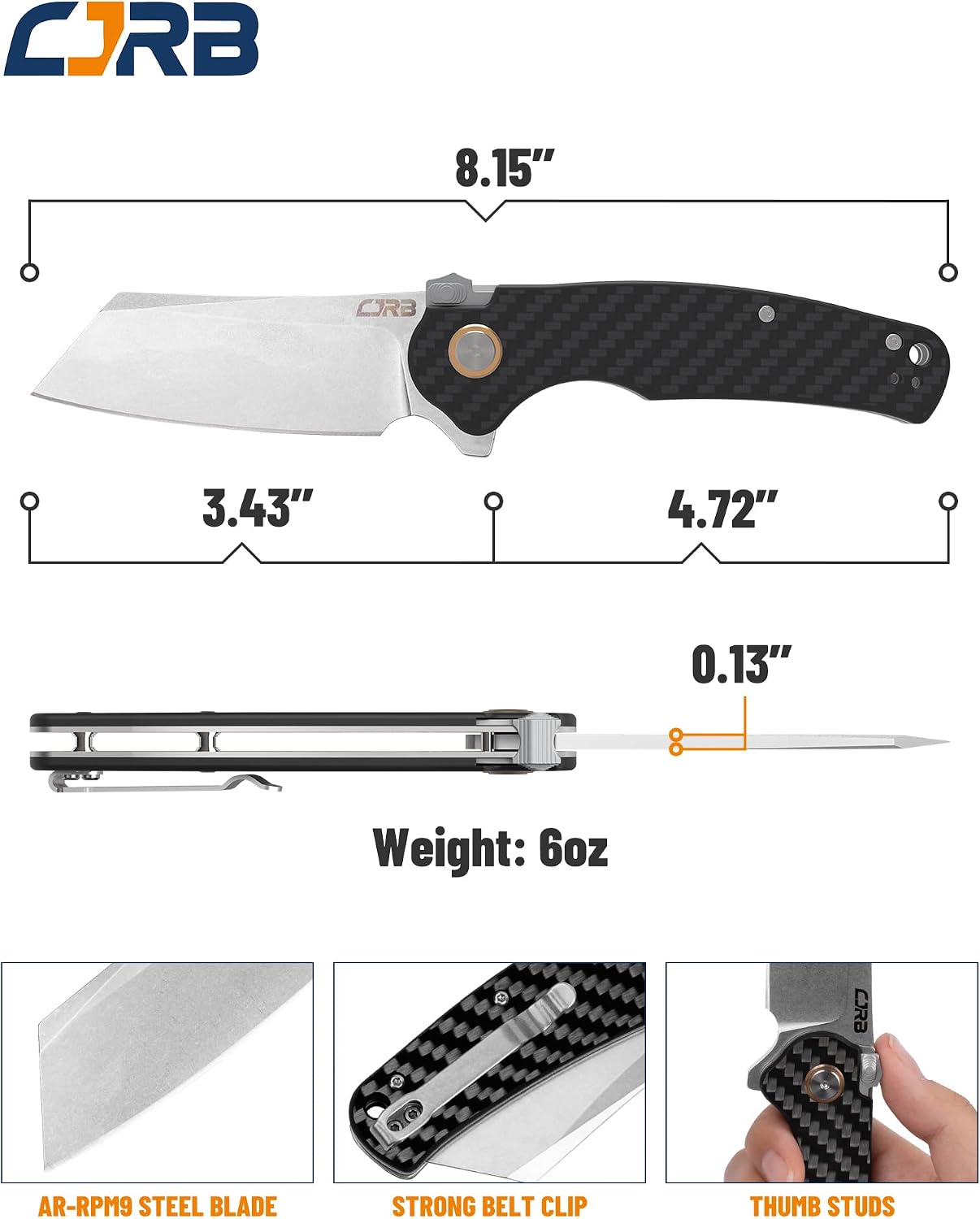 CJRB Crag Thumb Stud & Recoil Lock Folding Knife Carbon Fiber Handle (3.43'' Stone Wash AR-RPM9 Steel Blade) J1904R-CF