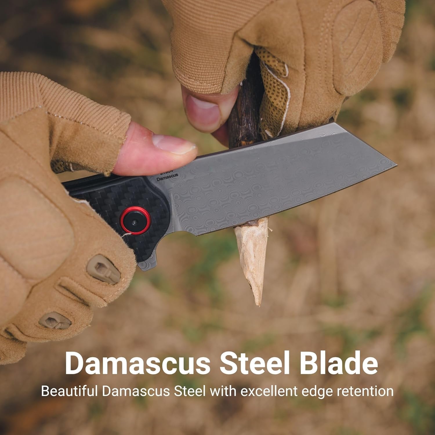 CJRB Crag Flipper & Liner Lock Folding Knife Carbon Fiber Handle (3.43'' Rose Damascus Steel Blade) J1904D-CF