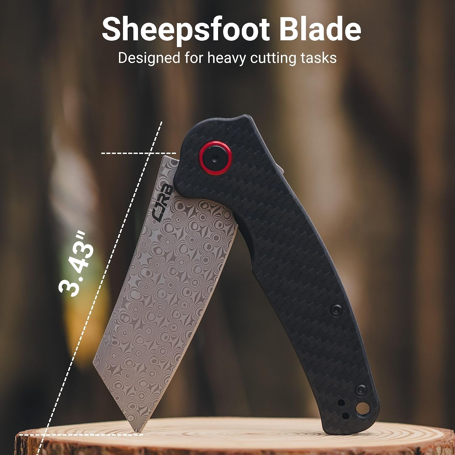CJRB Crag Flipper & Liner Lock Folding Knife Carbon Fiber Handle (3.43'' Rose Damascus Steel Blade) J1904D-CF