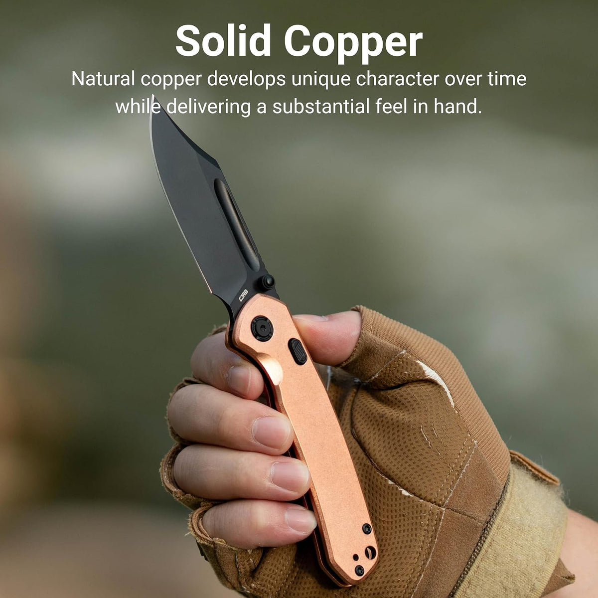 CJRB Bowie Pyrite Thumb Stud & Top Liner Lock Folding Knife Copper Handle (3.35'' 14C28N Steel Black PVD Coating Blade) J1942X-BCO
