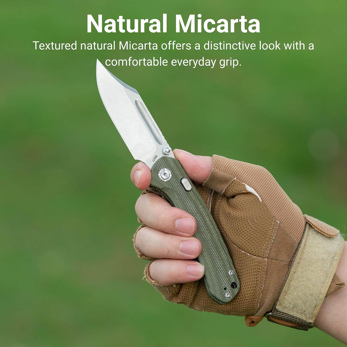 CJRB Bowie Pyrite Thumb Stud & Top Liner Lock Folding Knife Natural Micarta Handle (3.35'' Stone Wash 14C28N Steel Blade) J1942X-NM