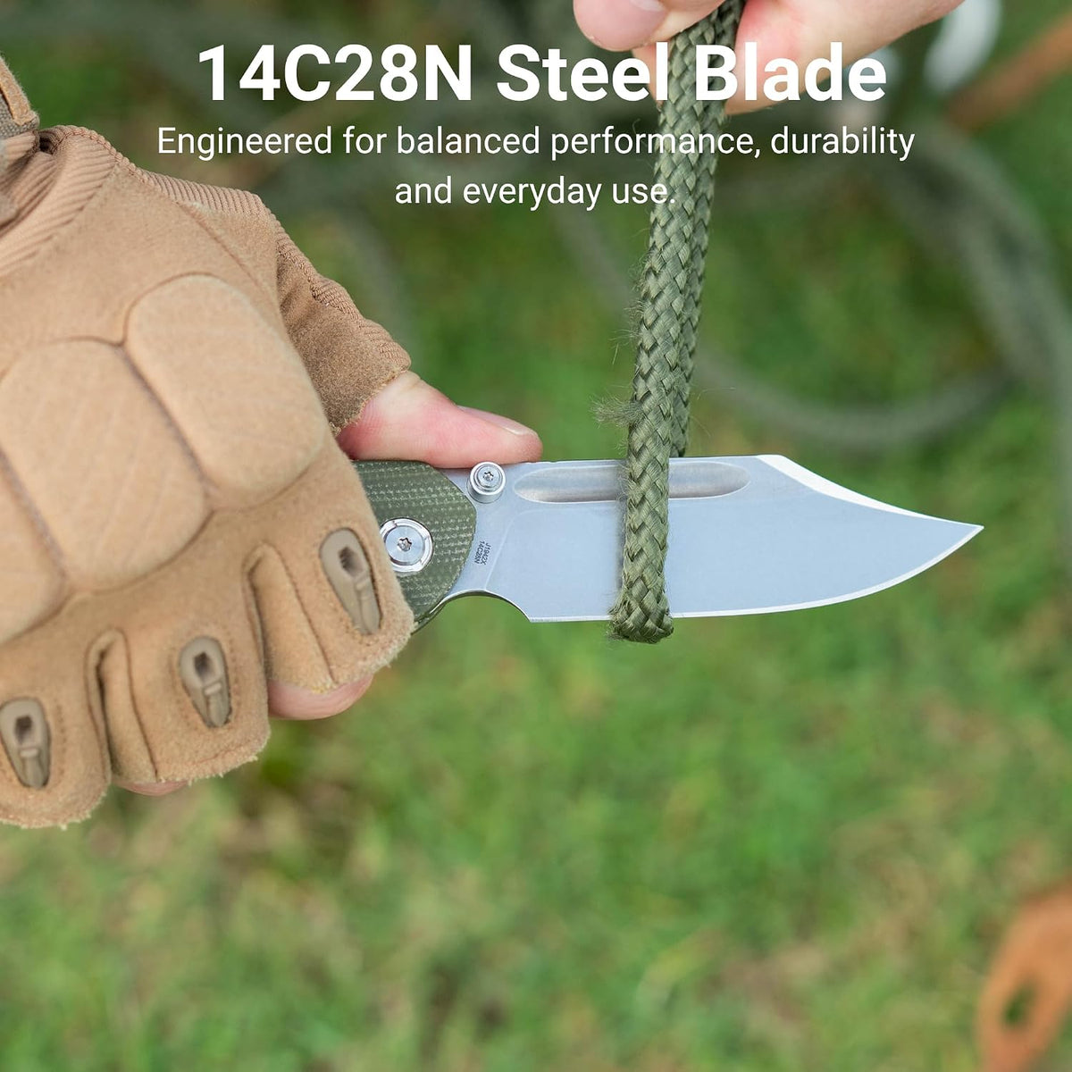 CJRB Bowie Pyrite Thumb Stud & Top Liner Lock Folding Knife Natural Micarta Handle (3.35'' Stone Wash 14C28N Steel Blade) J1942X-NM