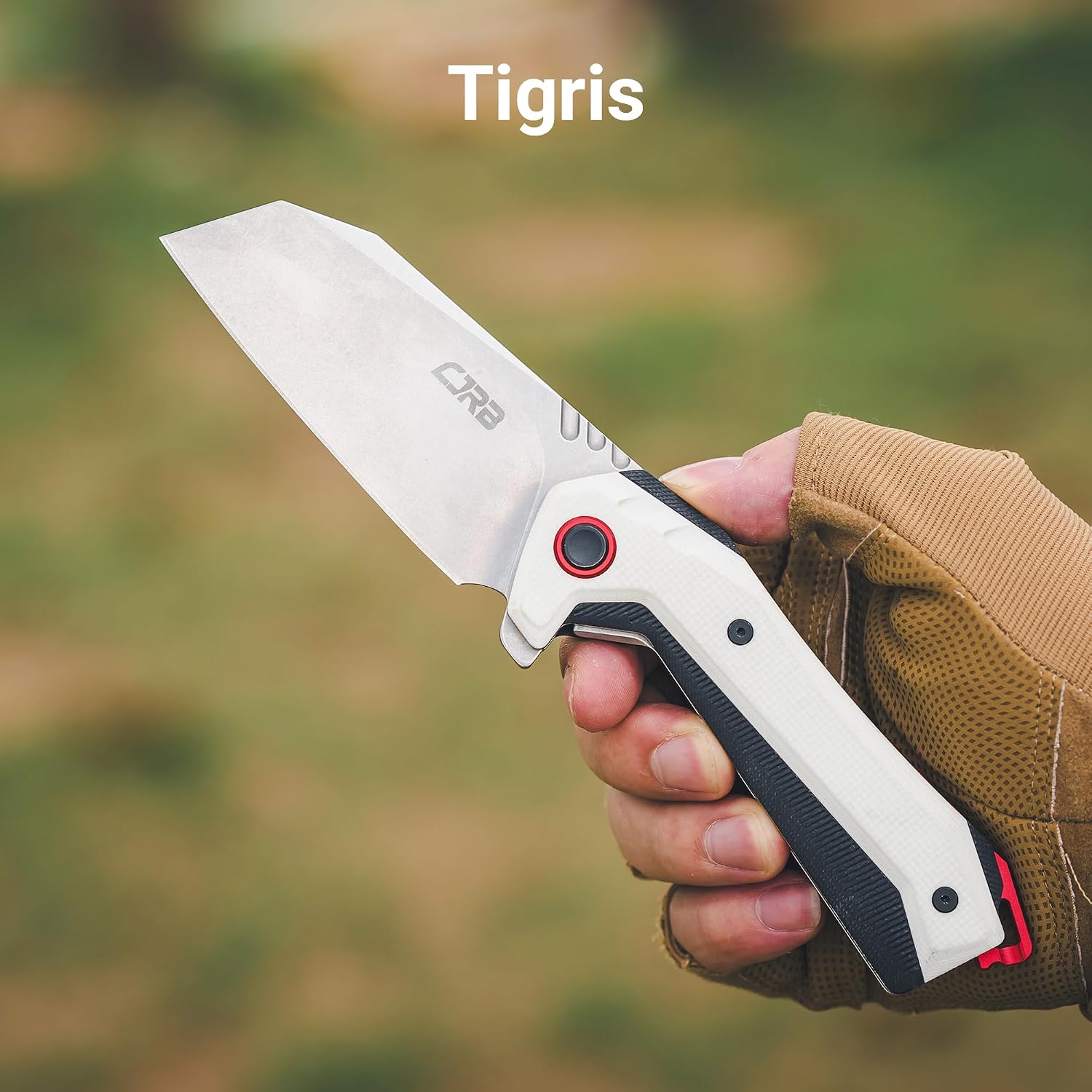 CJRB Tigris Flipper & Button Lock Folding Knife White G10 Handle (3.35'' Stone Wash AR-RPM9 Steel Blade) J1919-WH