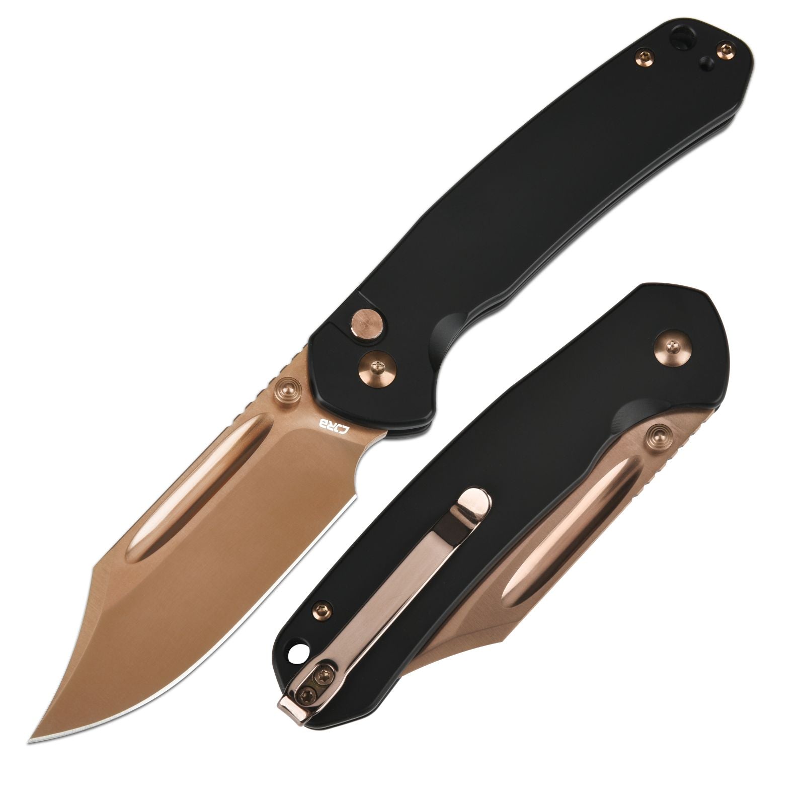 CJRB Bowie Pyrite J1942 AR-RPM9 Steel Rose Gold Blade Steel Handle Folding Knives