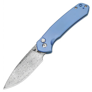 CJRB Pyrite J1925 Damascus Blade Titanium Handle Folding Knives - Blue (J1925T-BU)