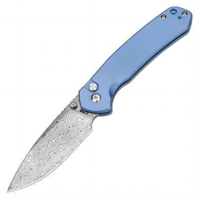 CJRB Pyrite J1925 Damascus Blade Titanium Handle Folding Knives - Blue (J1925T-BU)