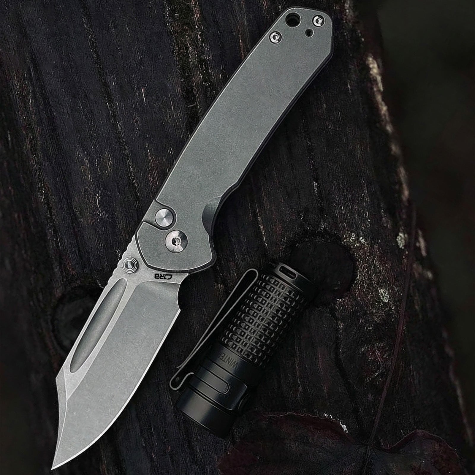 CJRB Bowie Pyrite J1942 AR-RPM9 Steel Blade Steel Handle Folding Knives - Stonewash Steel (J1942-ST)