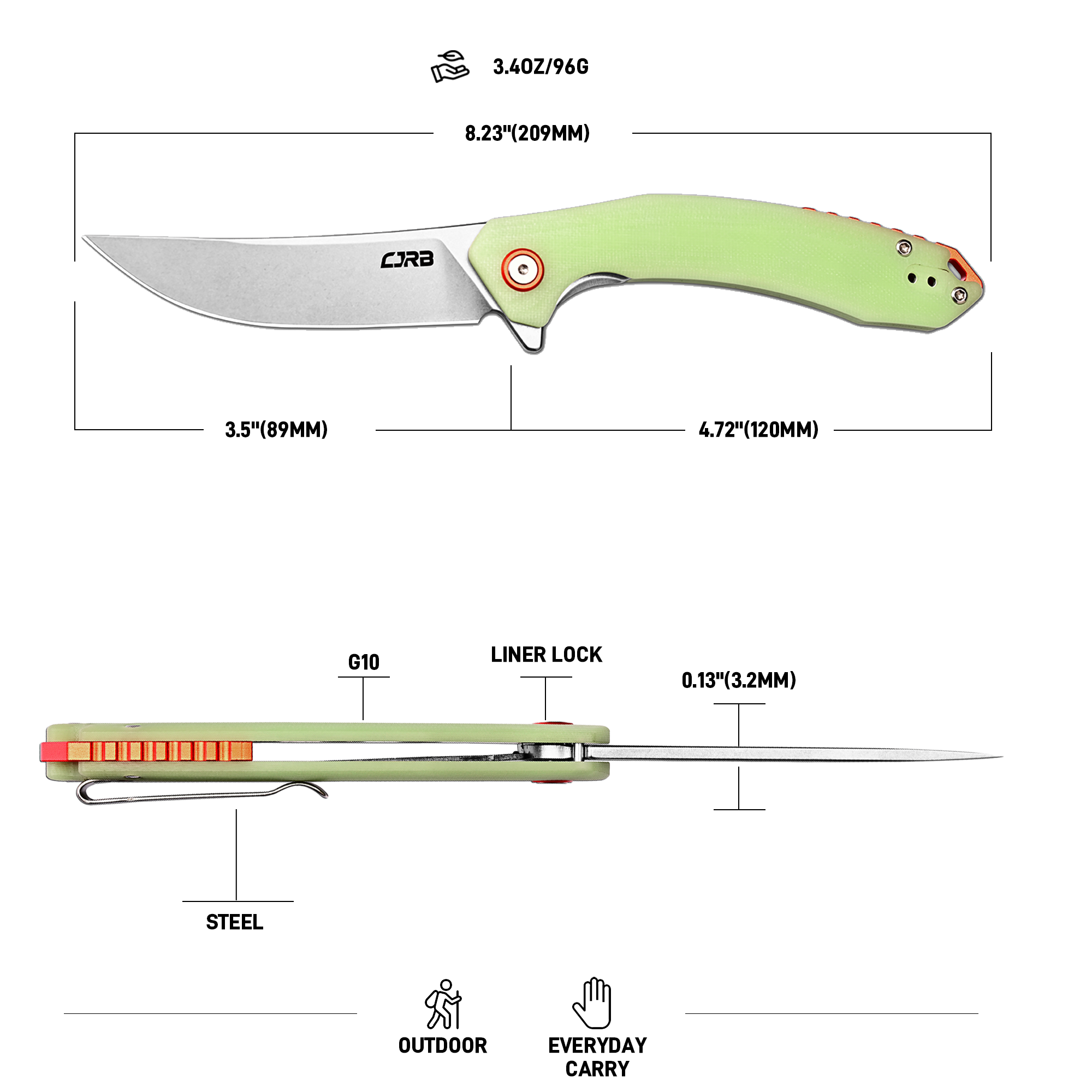 CJRB Gobi Flipper & Liner Lock G10(Glow In the Dark) Handle (3.5'' Stone Wash AR-RPM9 Blade) J1906-GD