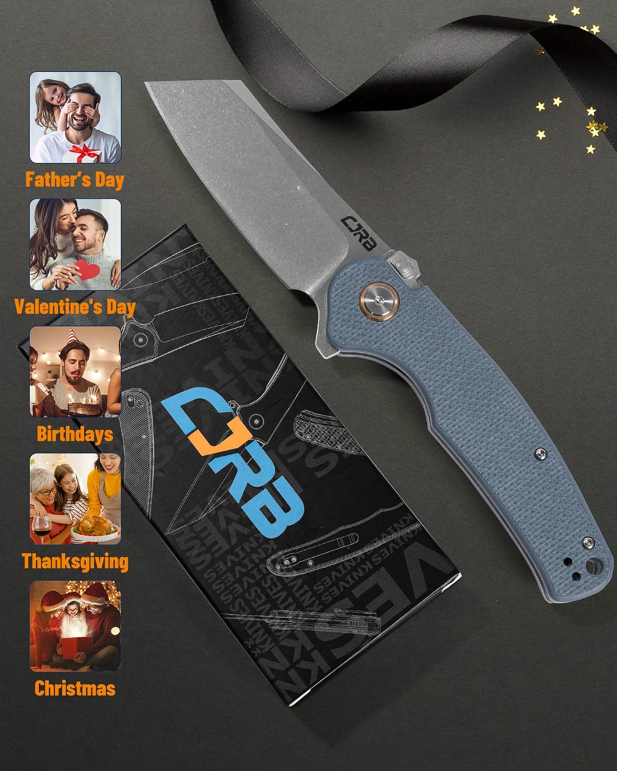 CJRB Crag Thumb Stud & Recoil Lock Folding Knife Gray G10 Handle (3.43'' Stone Wash AR-RPM9 Steel Blade) J1904R-GYF
