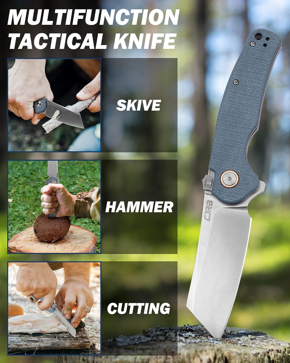 CJRB Crag Thumb Stud & Recoil Lock Folding Knife Gray G10 Handle (3.43'' Stone Wash AR-RPM9 Steel Blade) J1904R-GYF