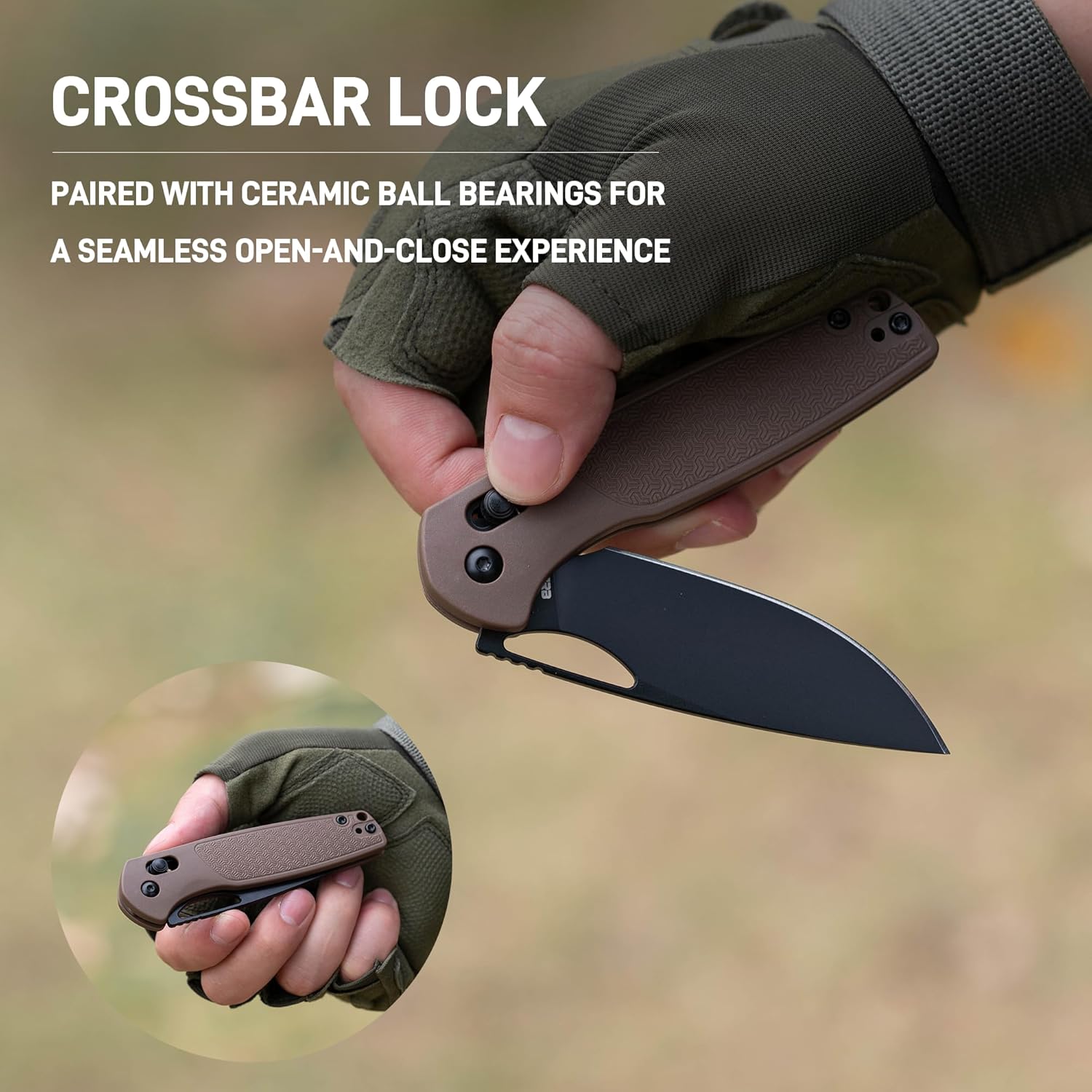 CJRB Acacia J1952 AR-RPM9 Blade Steel FRN Handle Folding Knives - Black PVD Blade/Brown FRN Handle (J1952-BBN)