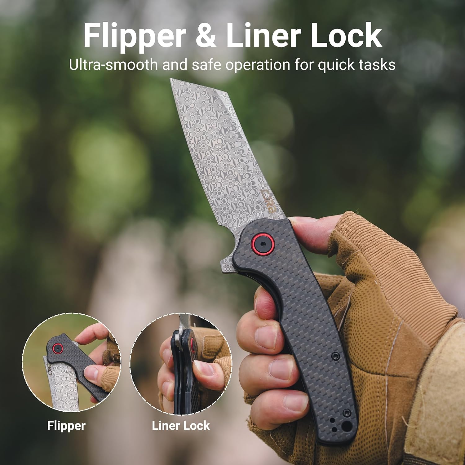 CJRB Crag Flipper & Liner Lock Folding Knife Carbon Fiber Handle (3.43'' Rose Damascus Steel Blade) J1904D-CF