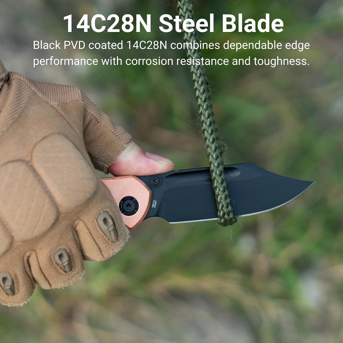 CJRB Bowie Pyrite Thumb Stud & Top Liner Lock Folding Knife Copper Handle (3.35'' 14C28N Steel Black PVD Coating Blade) J1942X-BCO