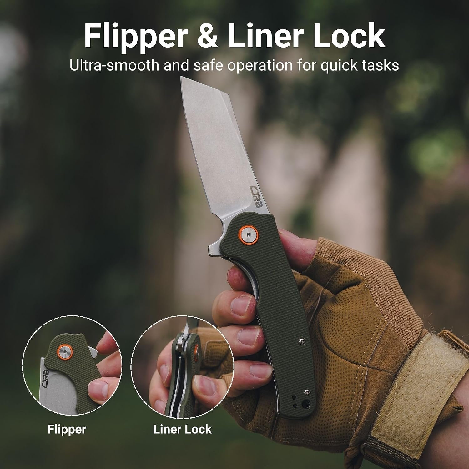 CJRB Crag Flipper & Thumb Stud & Liner Lock Folding Knife Green G10 Handle (3.43'' Stone Wash AR-RPM9 Steel Blade) J1904-GNF