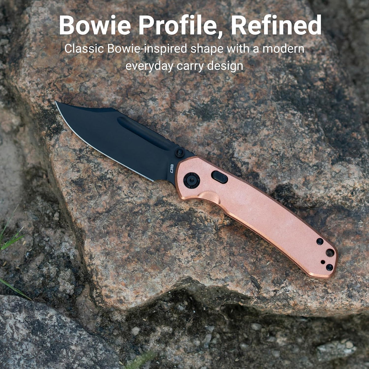 CJRB Bowie Pyrite Thumb Stud & Top Liner Lock Folding Knife Copper Handle (3.35'' 14C28N Steel Black PVD Coating Blade) J1942X-BCO